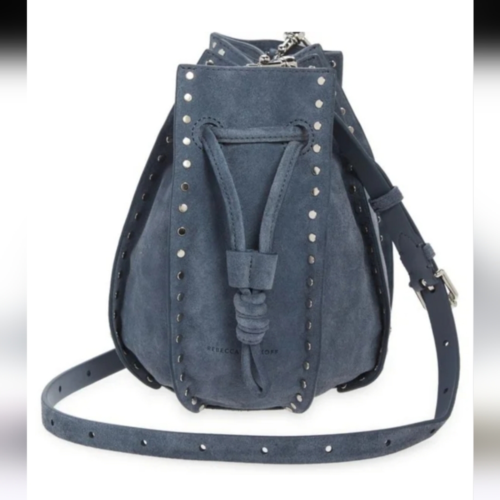 Rebecca Minkoff Nanine Suede Bucket Bag Blue Grey Studded Purse, missing Strap